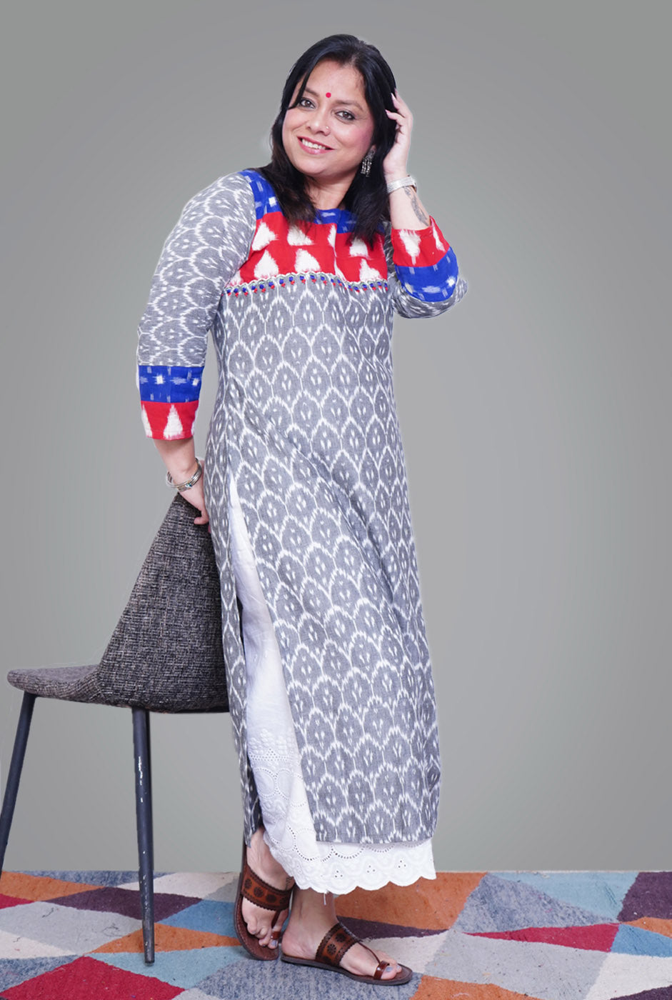 Exclusive Ikat Grey Kurti with Yoke