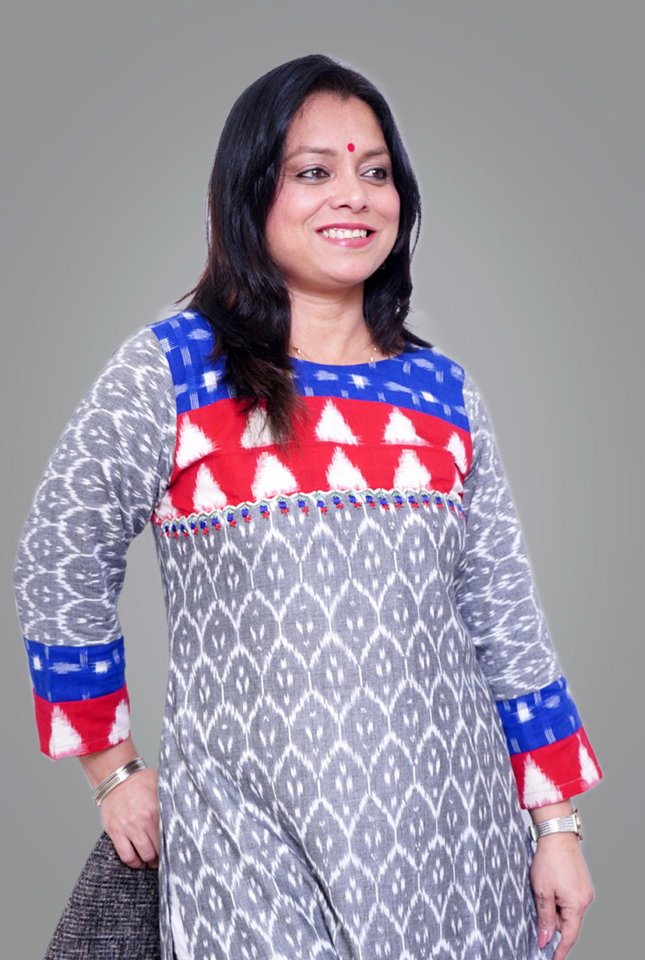 Exclusive Ikat Grey Kurti with Yoke
