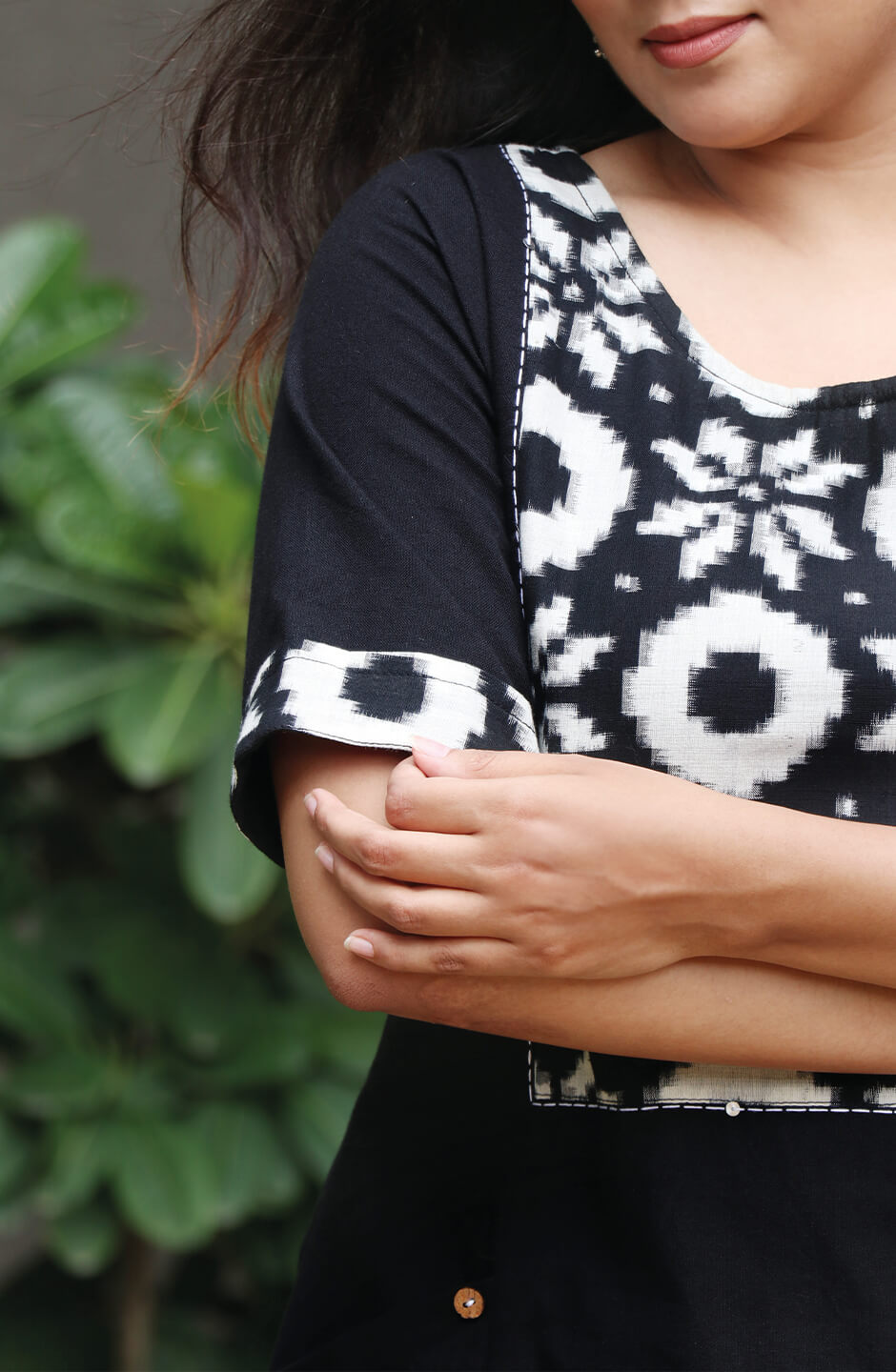 A Line Handloom Black Cotton Kurti With Ikat Yoke & Pockets