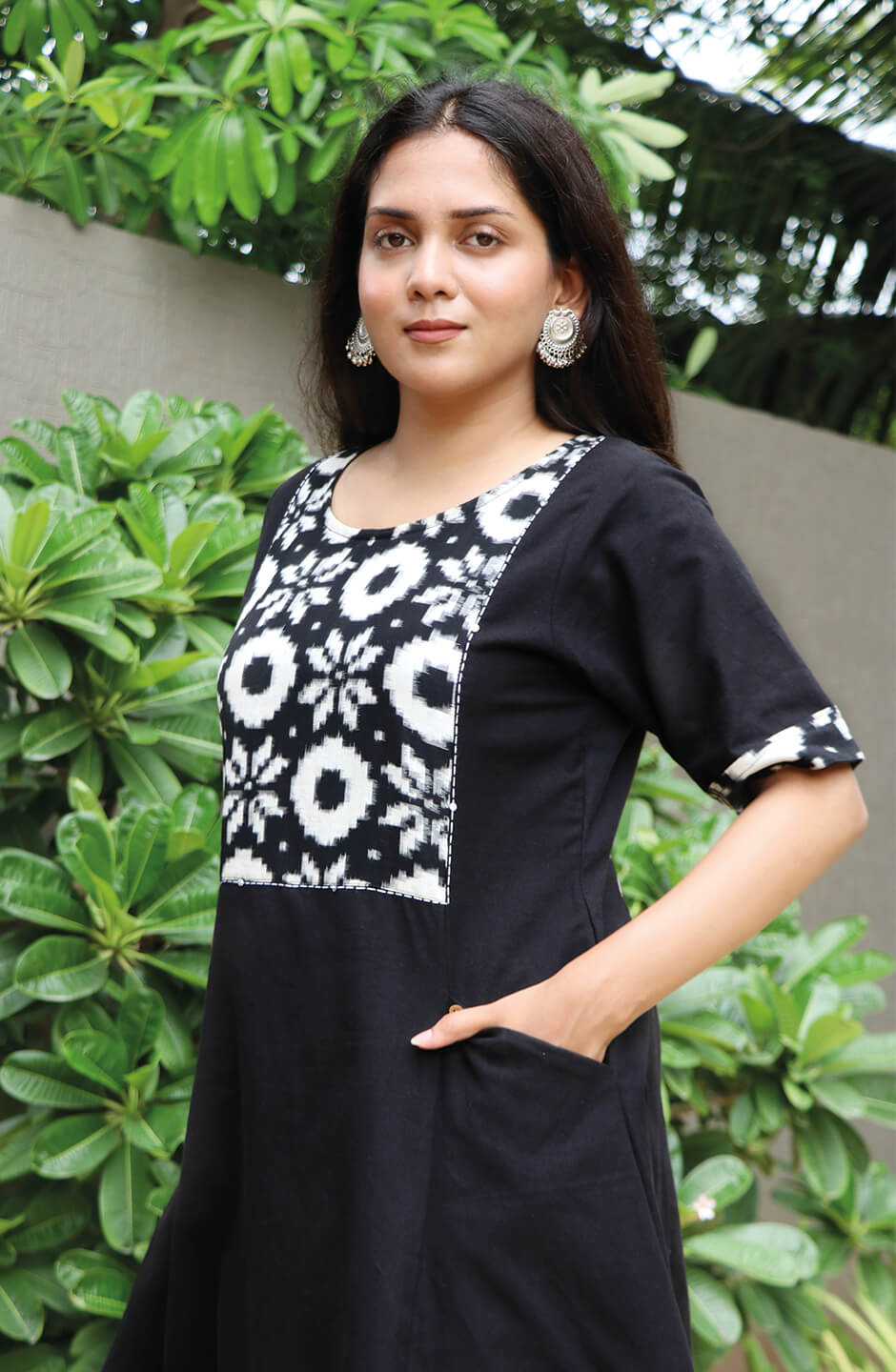 A Line Handloom Black Cotton Kurti With Ikat Yoke & Pockets