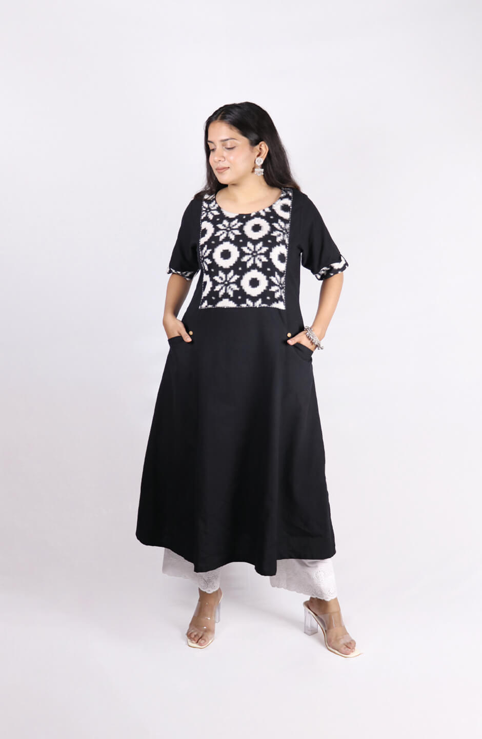 A Line Handloom Black Cotton Kurti With Ikat Yoke & Pockets