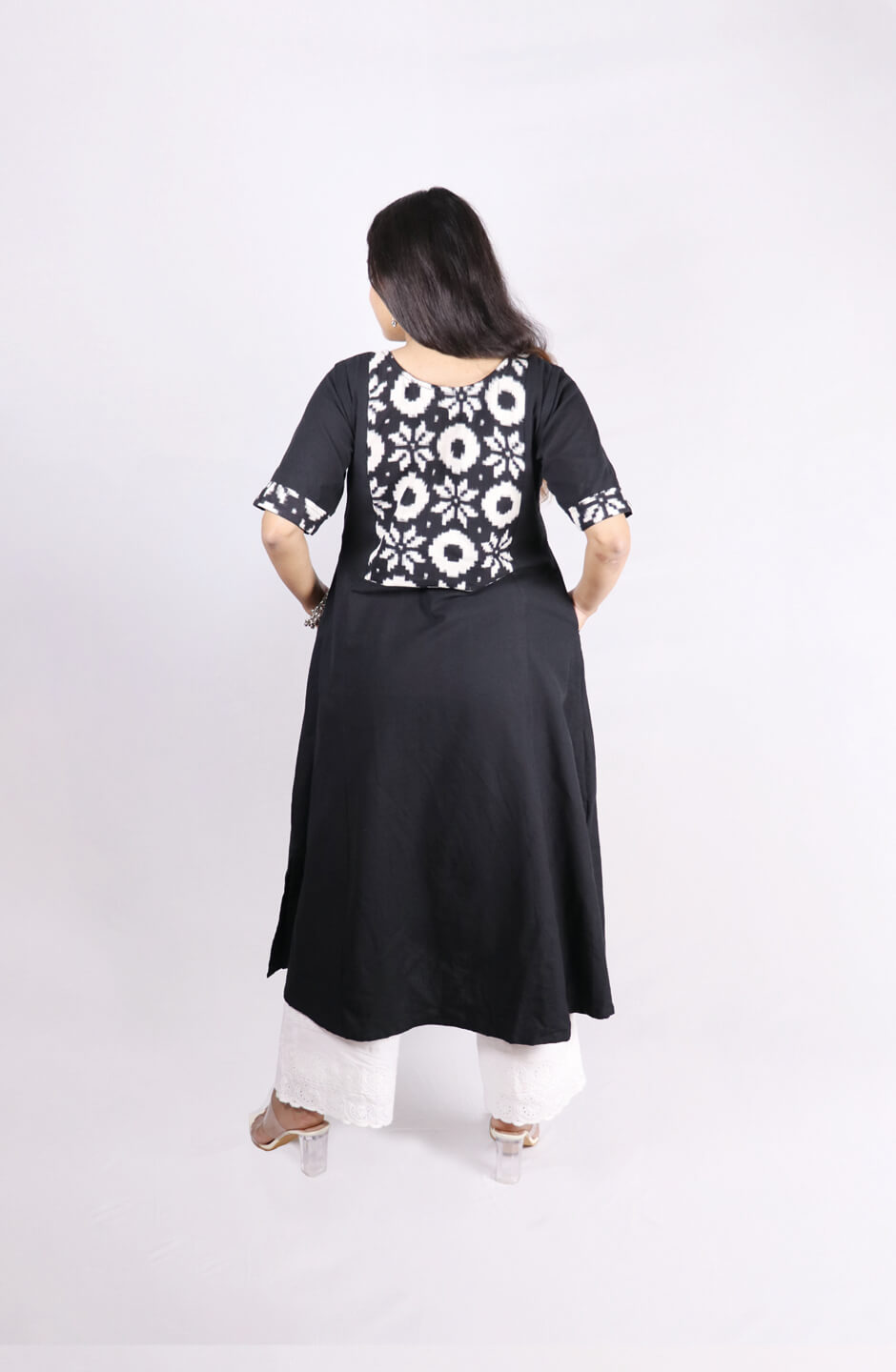 A Line Handloom Black Cotton Kurti With Ikat Yoke & Pockets