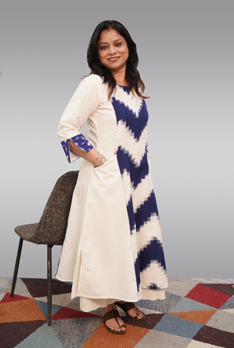 White & Blue Ikat Dress Come Kurti