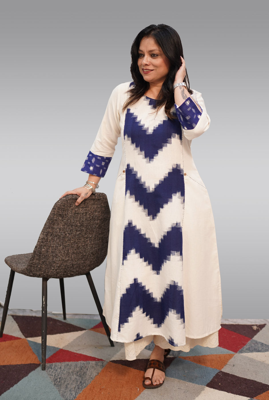 White & Blue Ikat Dress Come Kurti
