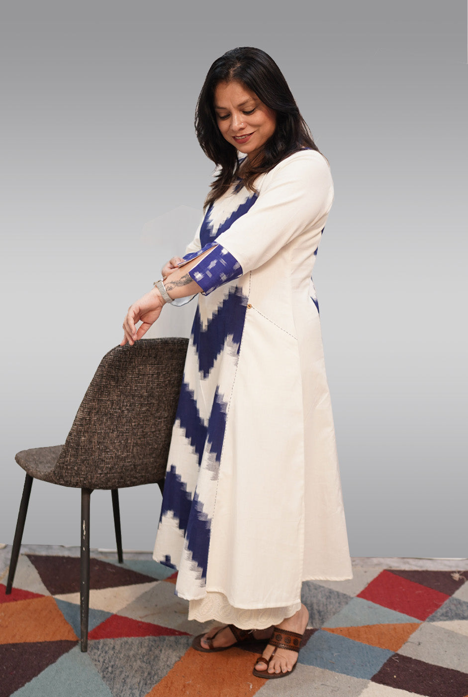 White & Blue Ikat Dress Come Kurti