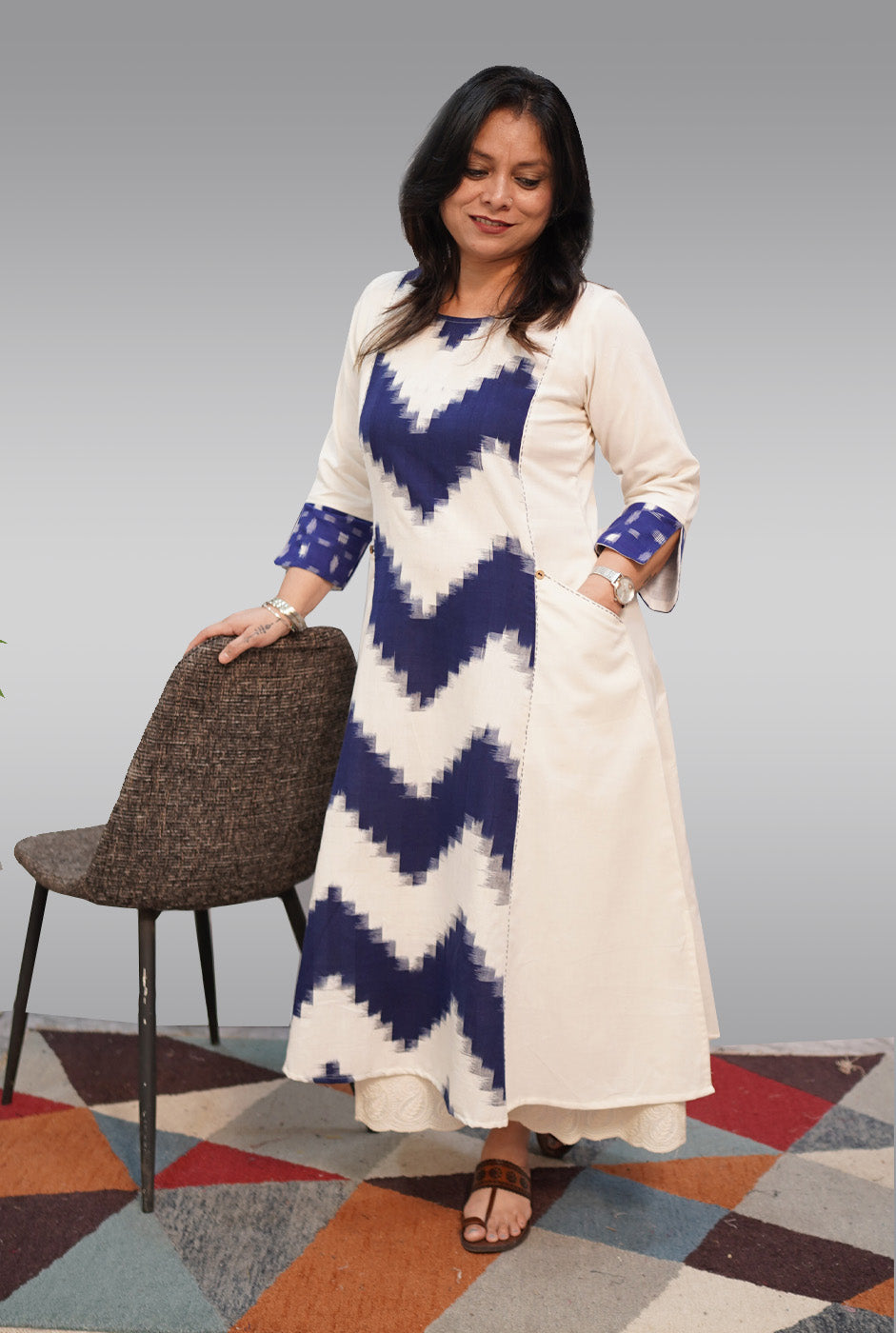 White & Blue Ikat Dress Come Kurti
