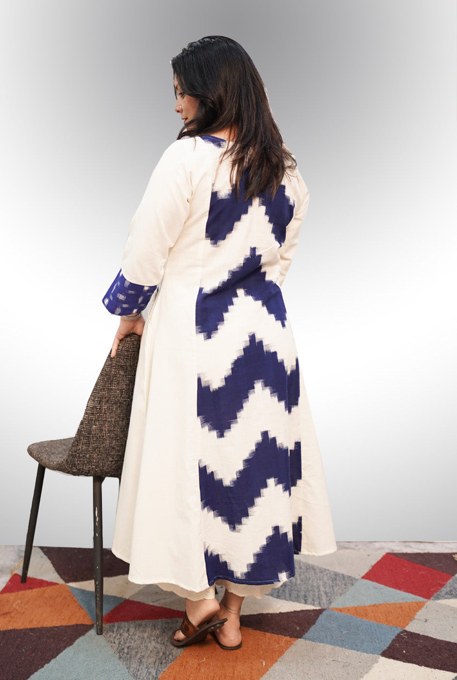 White & Blue Ikat Dress Come Kurti