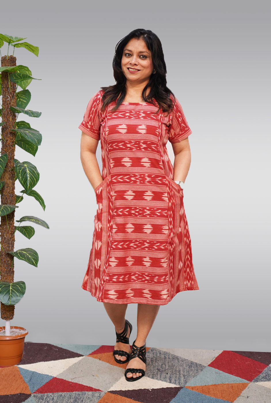 Maroon Ikat Dress with Lining and Pockets