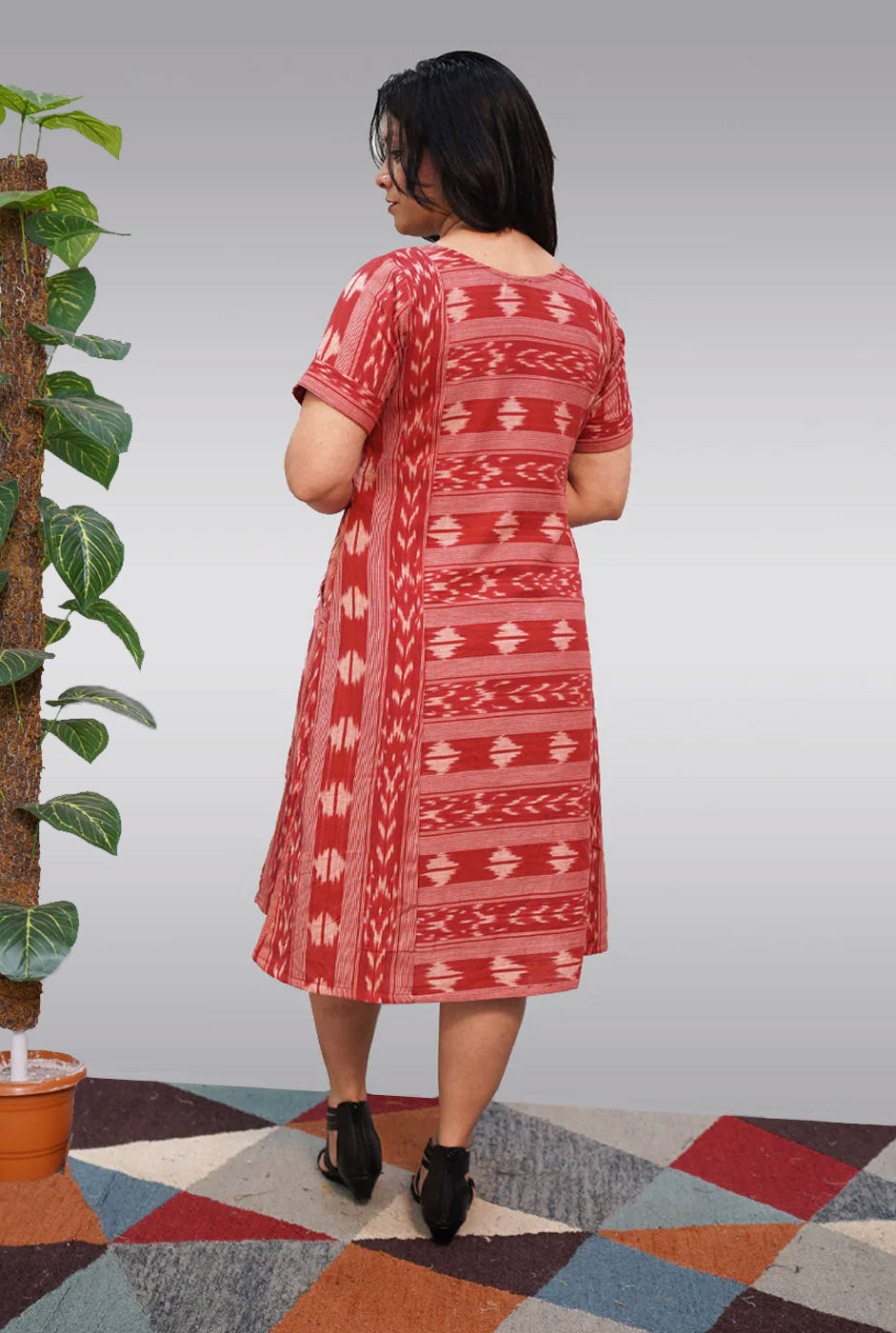 Maroon Ikat Dress with Lining and Pockets