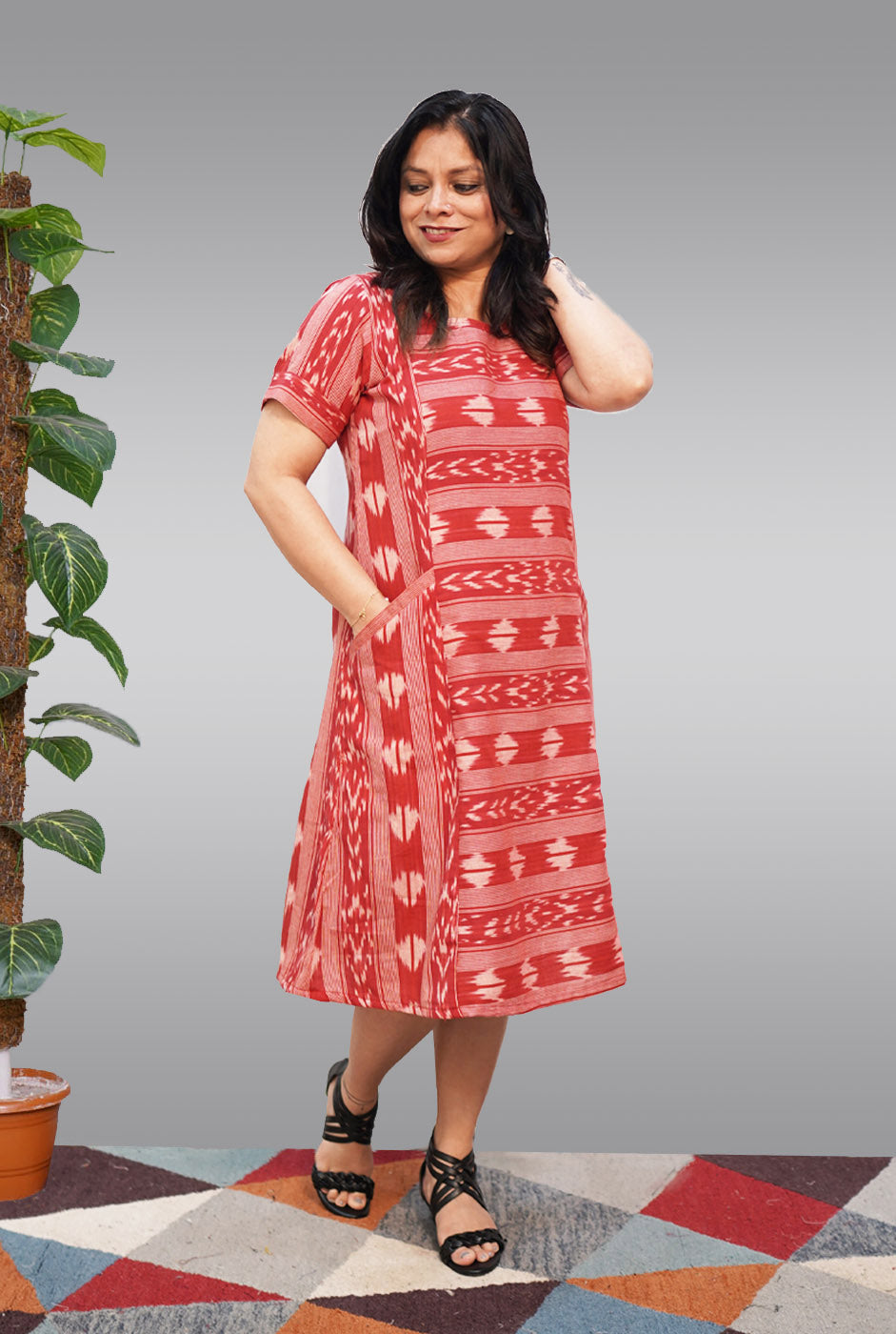 Maroon Ikat Dress with Lining and Pockets