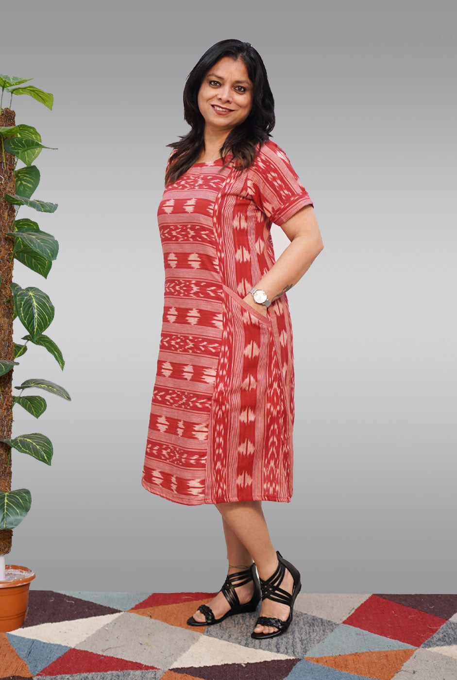 Maroon Ikat Dress with Lining and Pockets