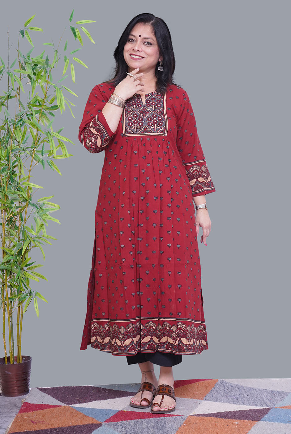 Maroon Ajrakh Comfort Fit Kurta with Front Gather