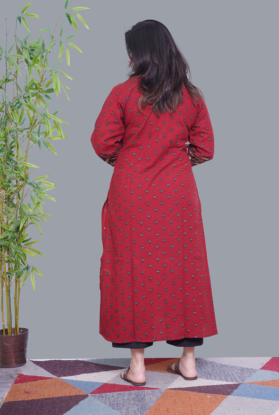 Maroon Ajrakh Comfort Fit Kurta with Front Gather