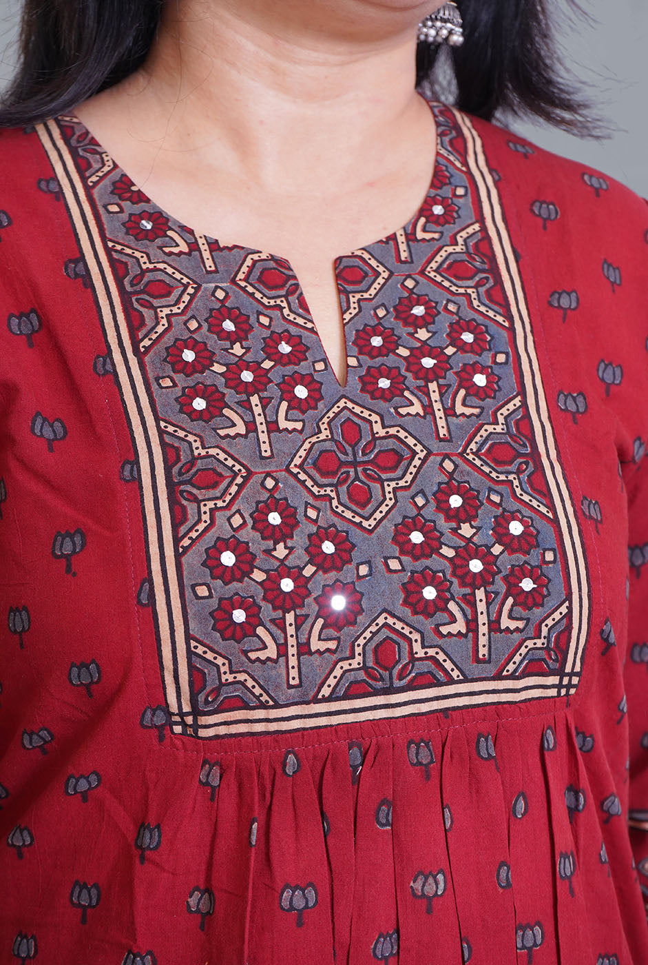 Maroon Ajrakh Comfort Fit Kurta with Front Gather