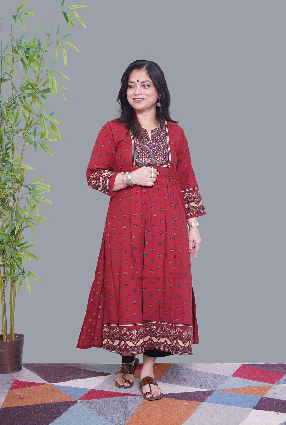 Maroon Ajrakh Comfort Fit Kurta with Front Gather