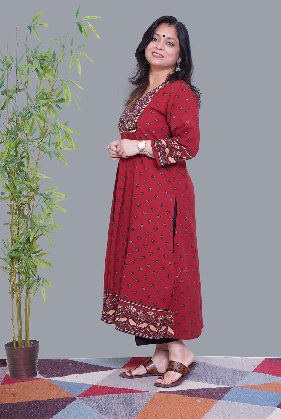 Maroon Ajrakh Comfort Fit Kurta with Front Gather