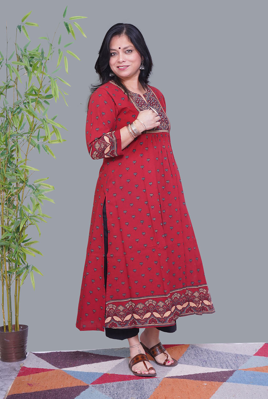 Maroon Ajrakh Comfort Fit Kurta with Front Gather
