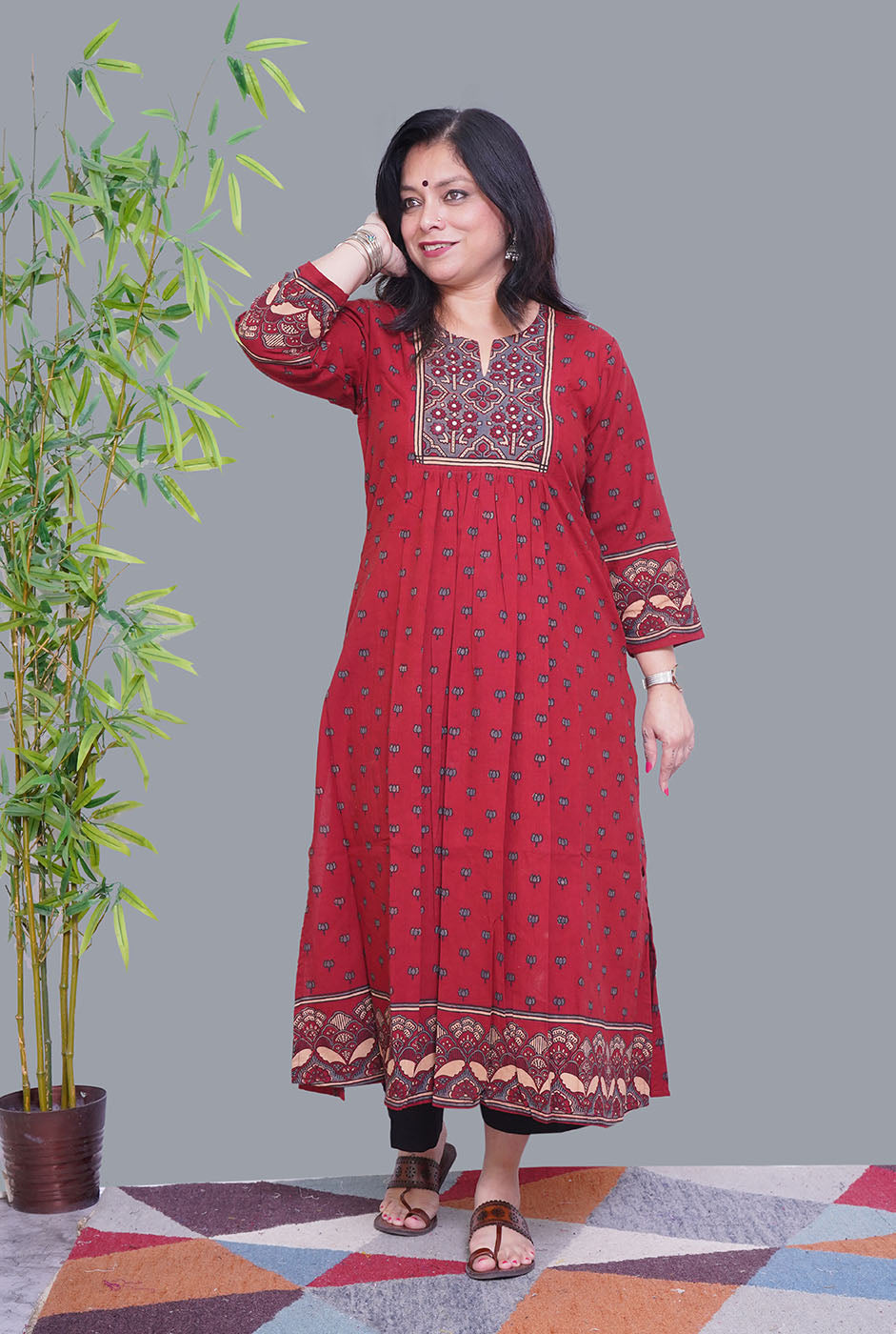 Maroon Ajrakh Comfort Fit Kurta with Front Gather