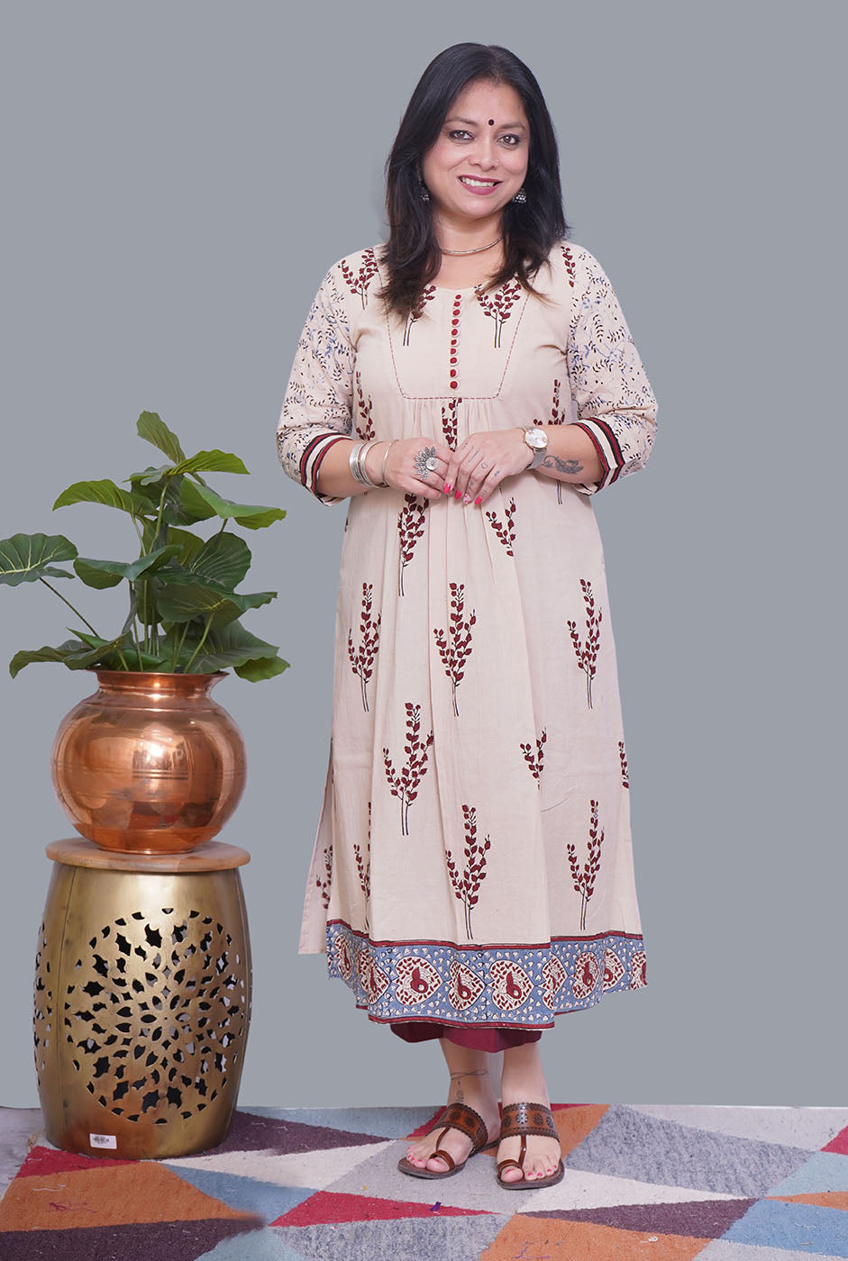 Ivory Color Ajrakh Gathered Kurta