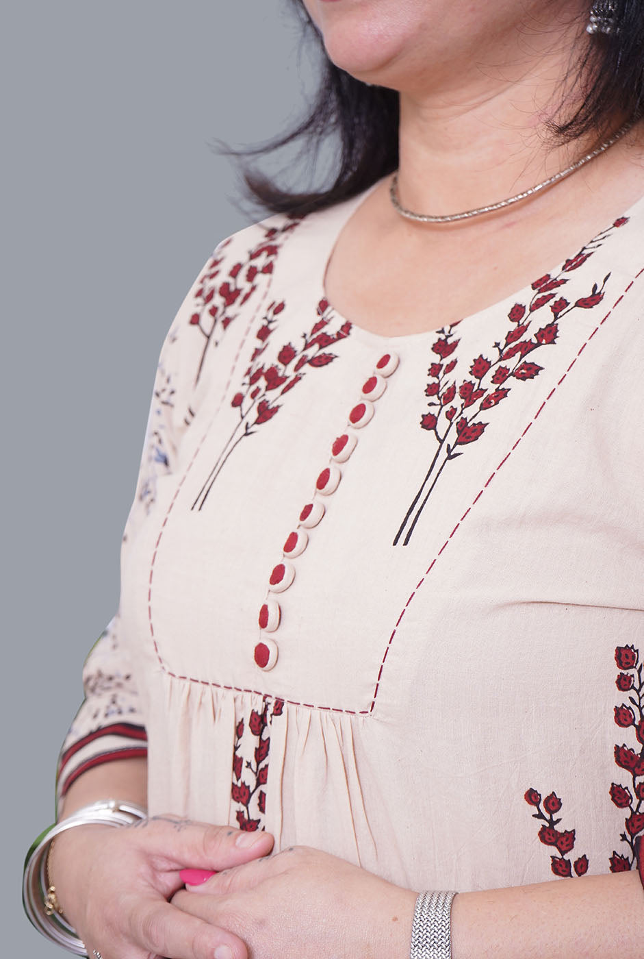 Ivory Color Ajrakh Gathered Kurta