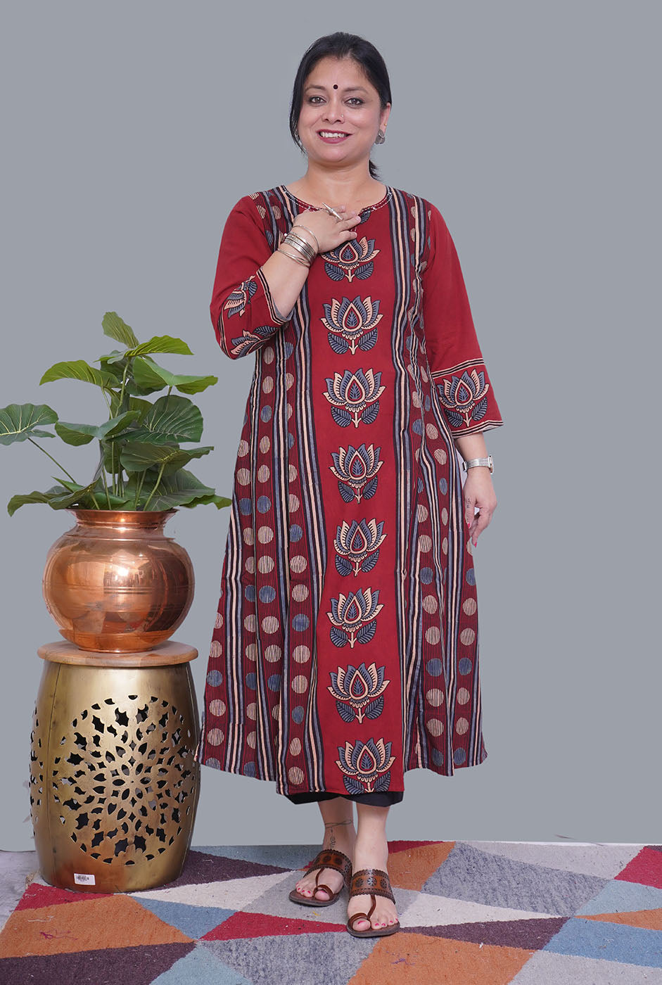Maroon Ajrakh A-Line Kalidar Kurti (B)