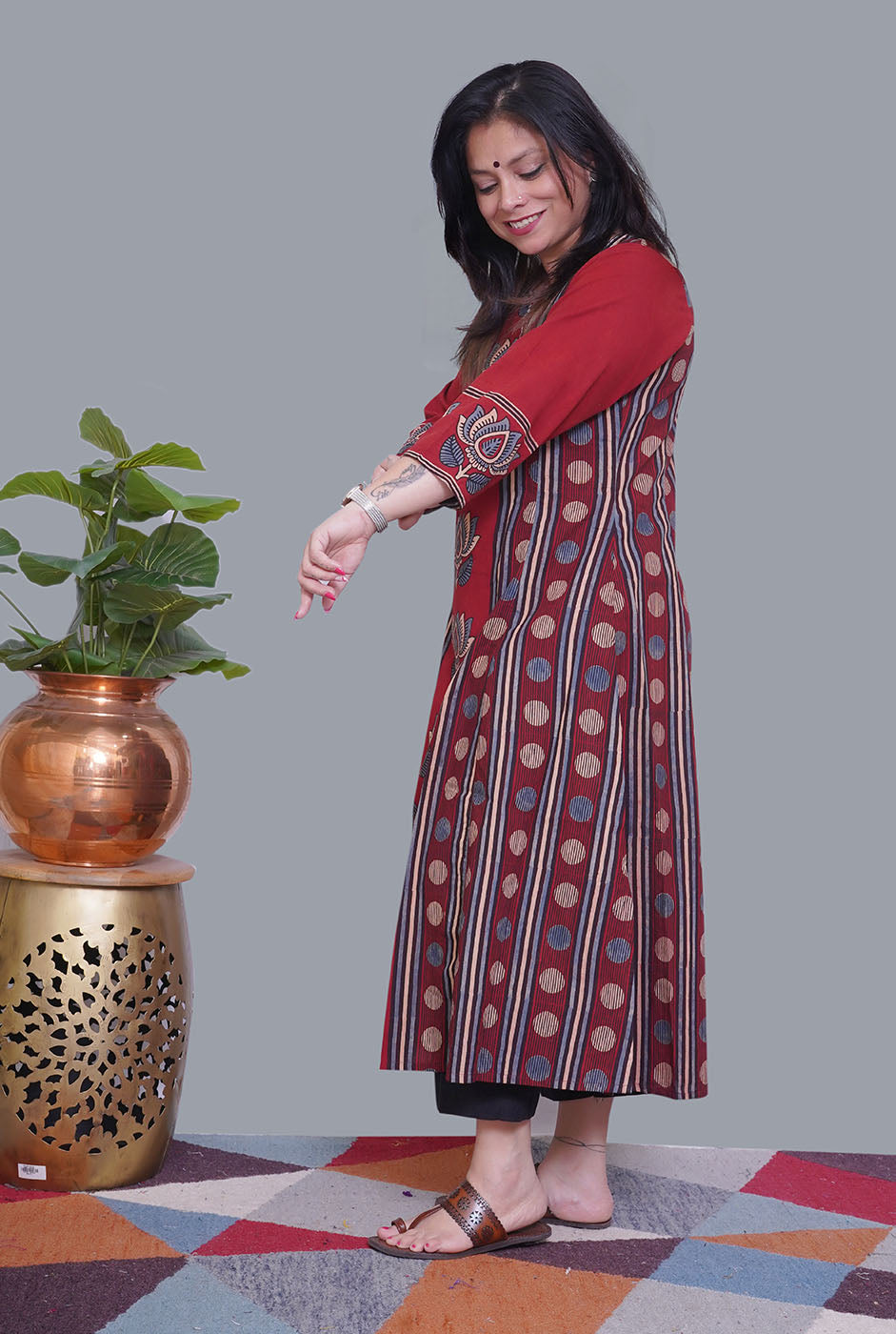 Maroon Ajrakh A-Line Kalidar Kurti (B)
