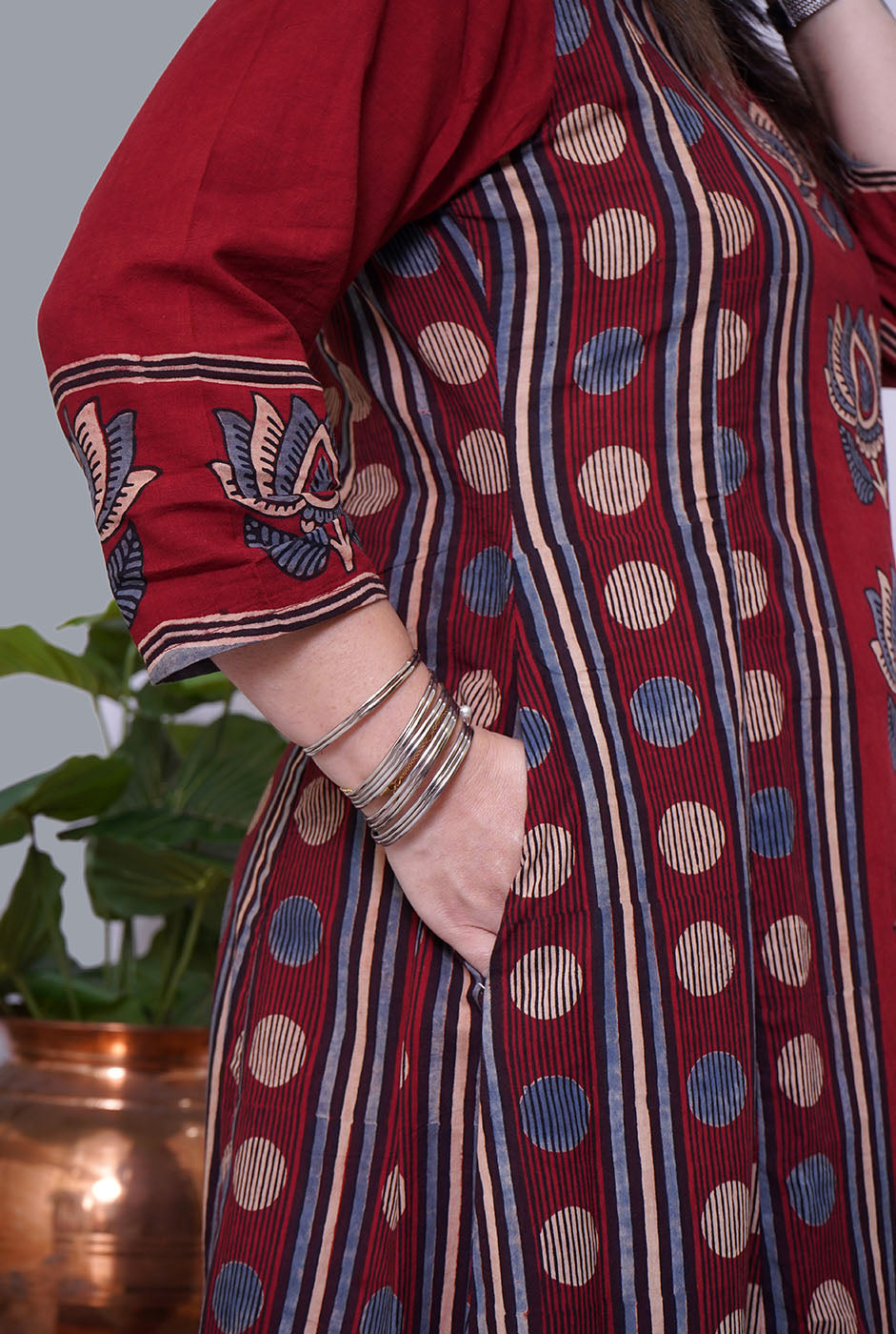 Maroon Ajrakh A-Line Kalidar Kurti (B)