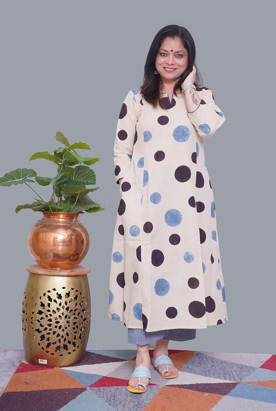Ivory Color Ajrakh A-Line Kalidar Kurti