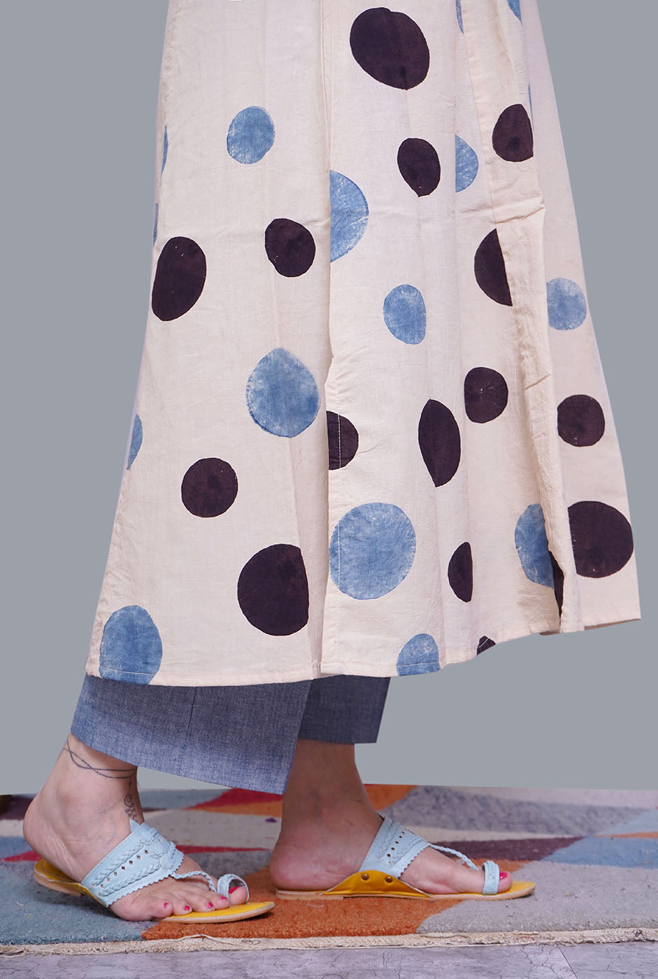 Ivory Color Ajrakh A-Line Kalidar Kurti