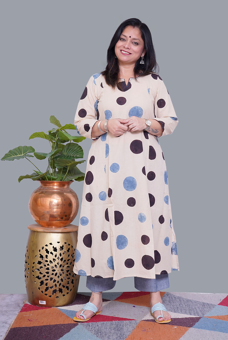 Ivory Color Ajrakh A-Line Kalidar Kurti