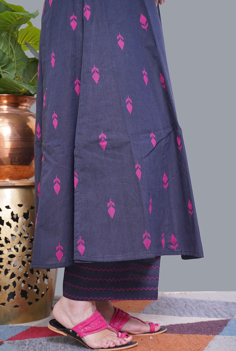 Nazakat Blue Handloom Cotton Kalidar A-Line Co-Ord Set with Pink Buta