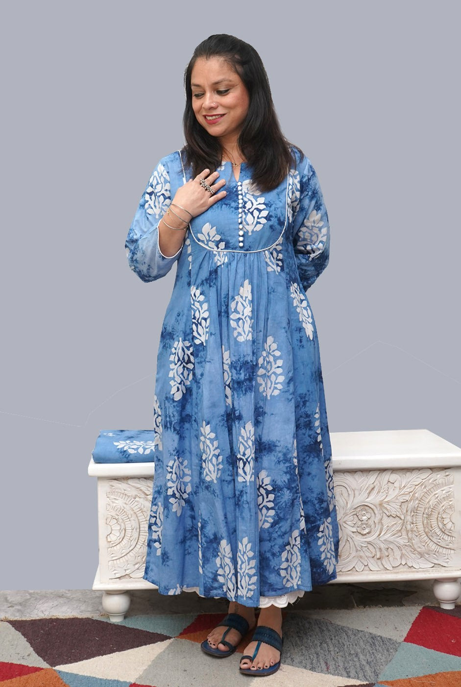 Cotton Blue Wax Batik A-Line Kurti