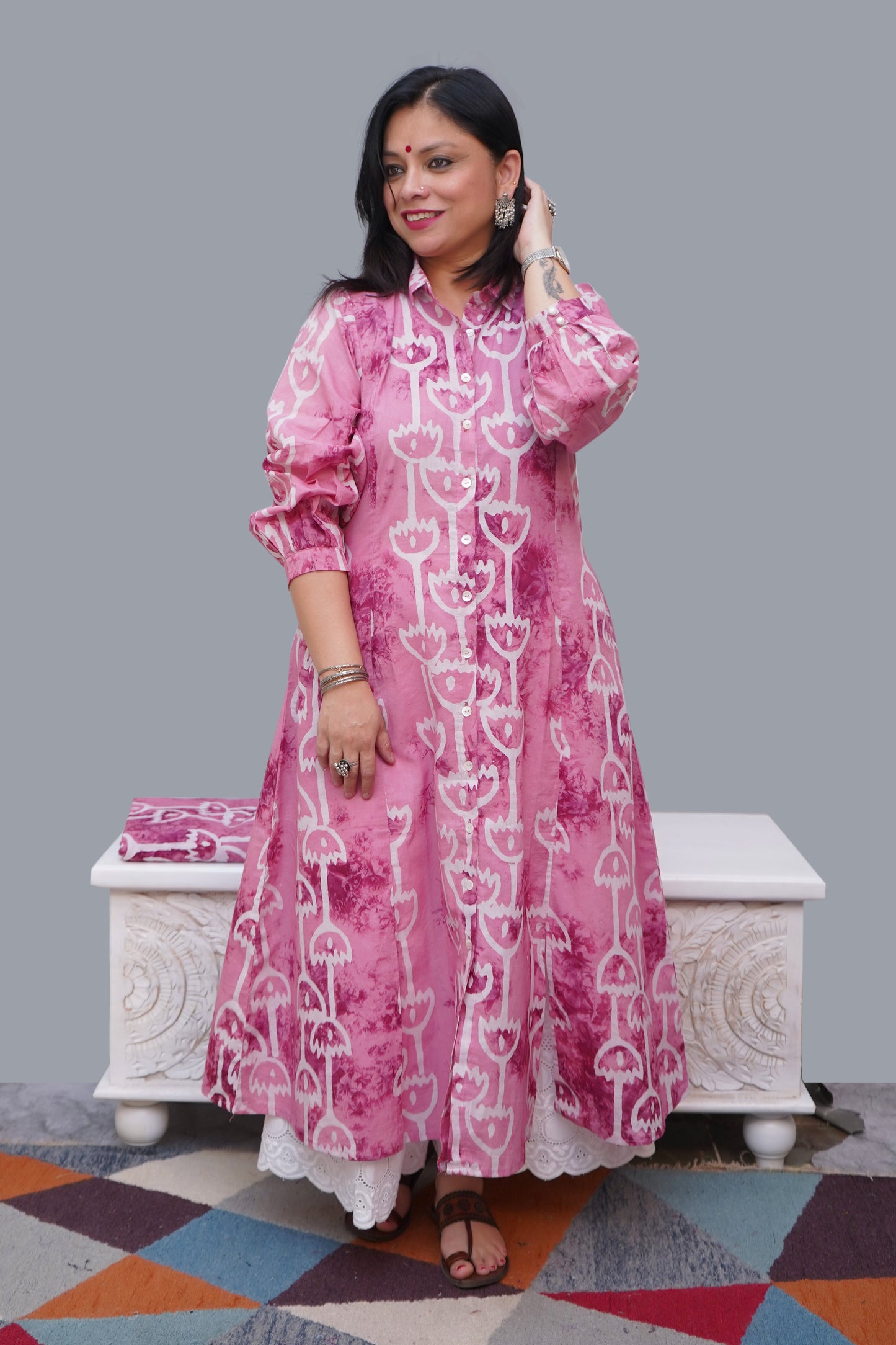 Cotton Pink Wax Batik A-Line Kurti/ Shrug with Collar