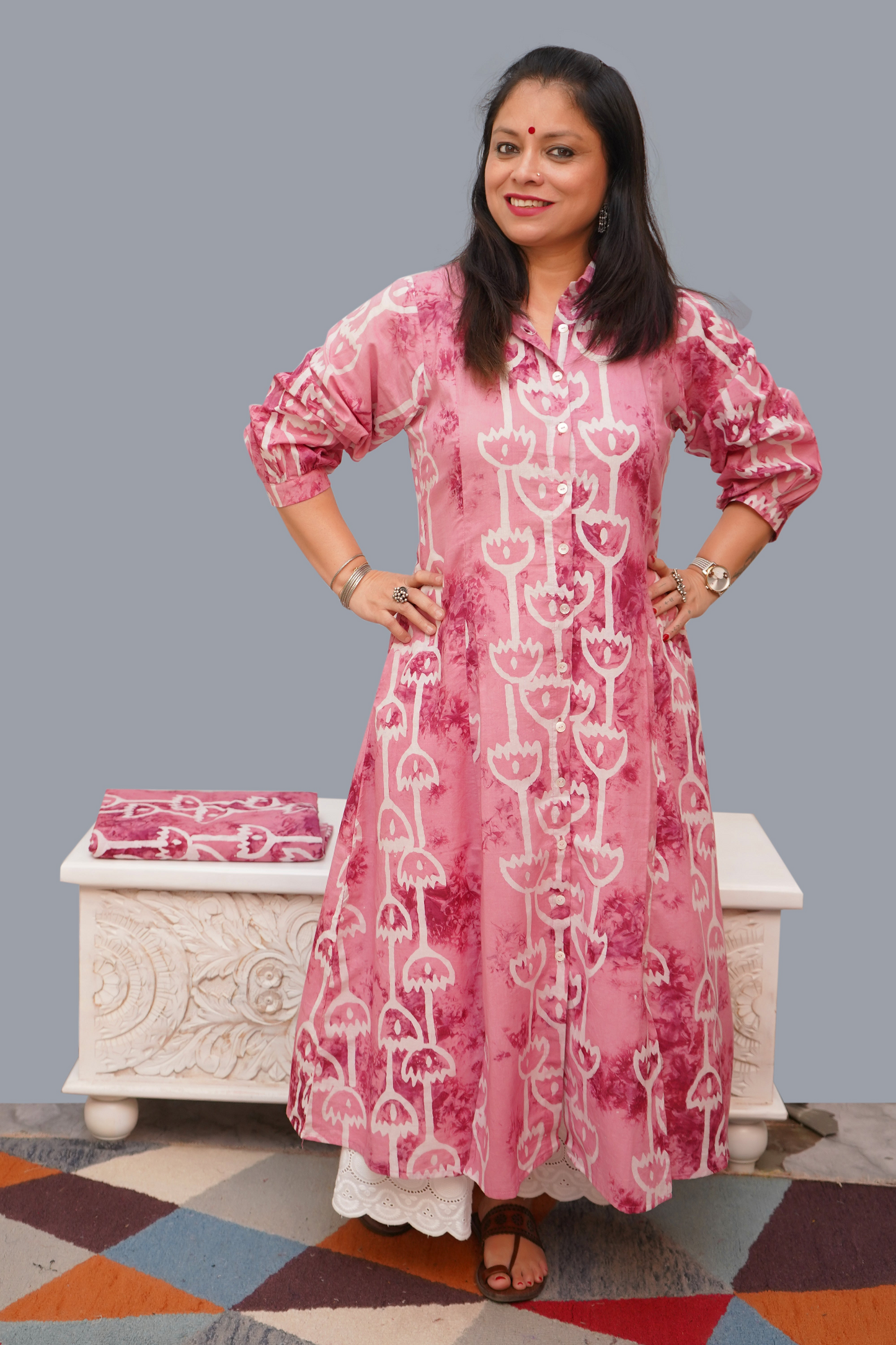 Cotton Pink Wax Batik A-Line Kurti/ Shrug with Collar