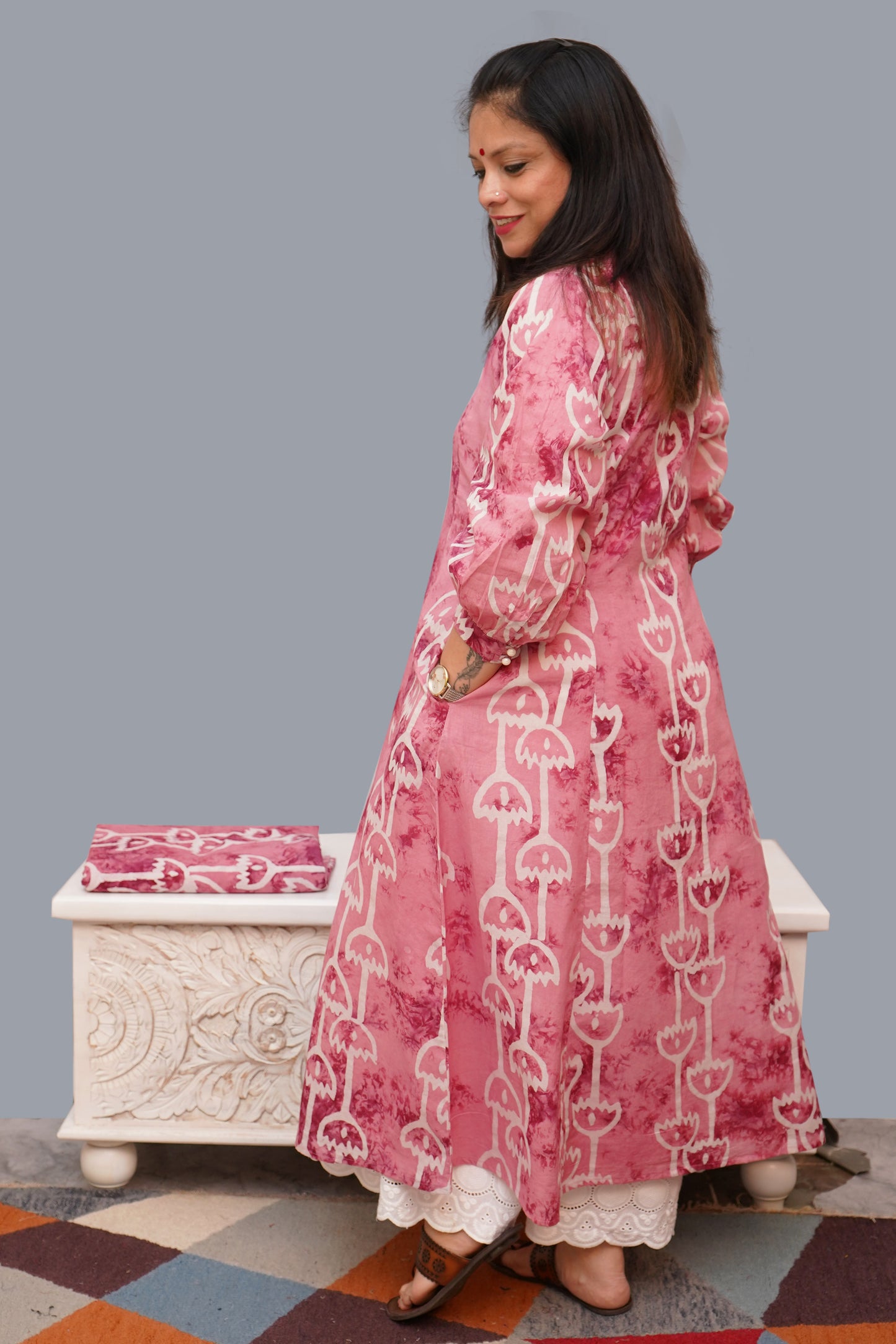 Cotton Pink Wax Batik A-Line Kurti/ Shrug with Collar