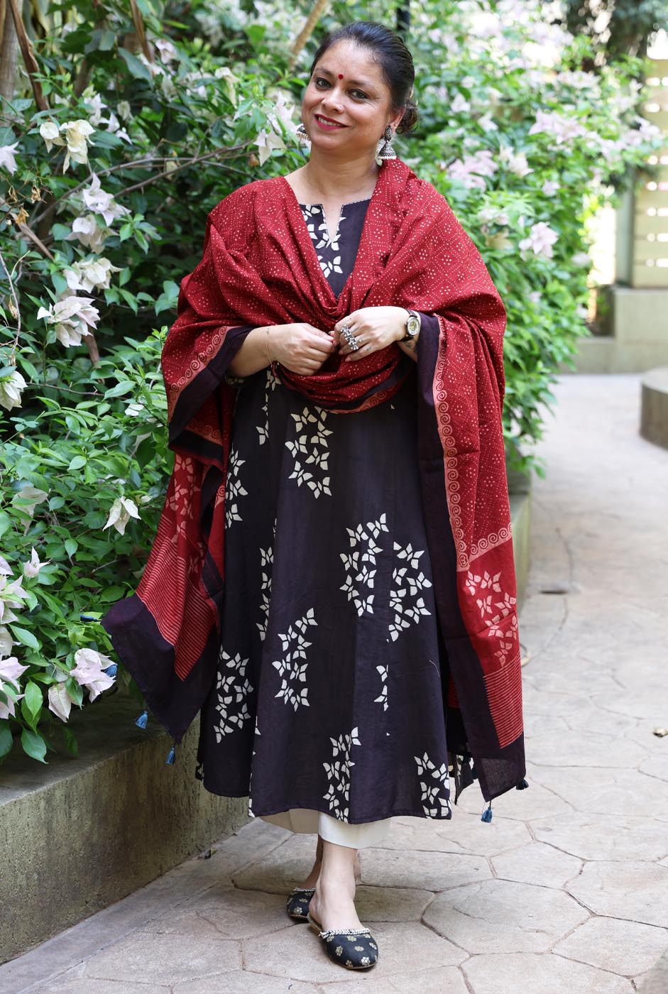 Alahi Black Ajrakh A-Line Kalidar Kurta with Butterfly Block & Hand Kantha Work