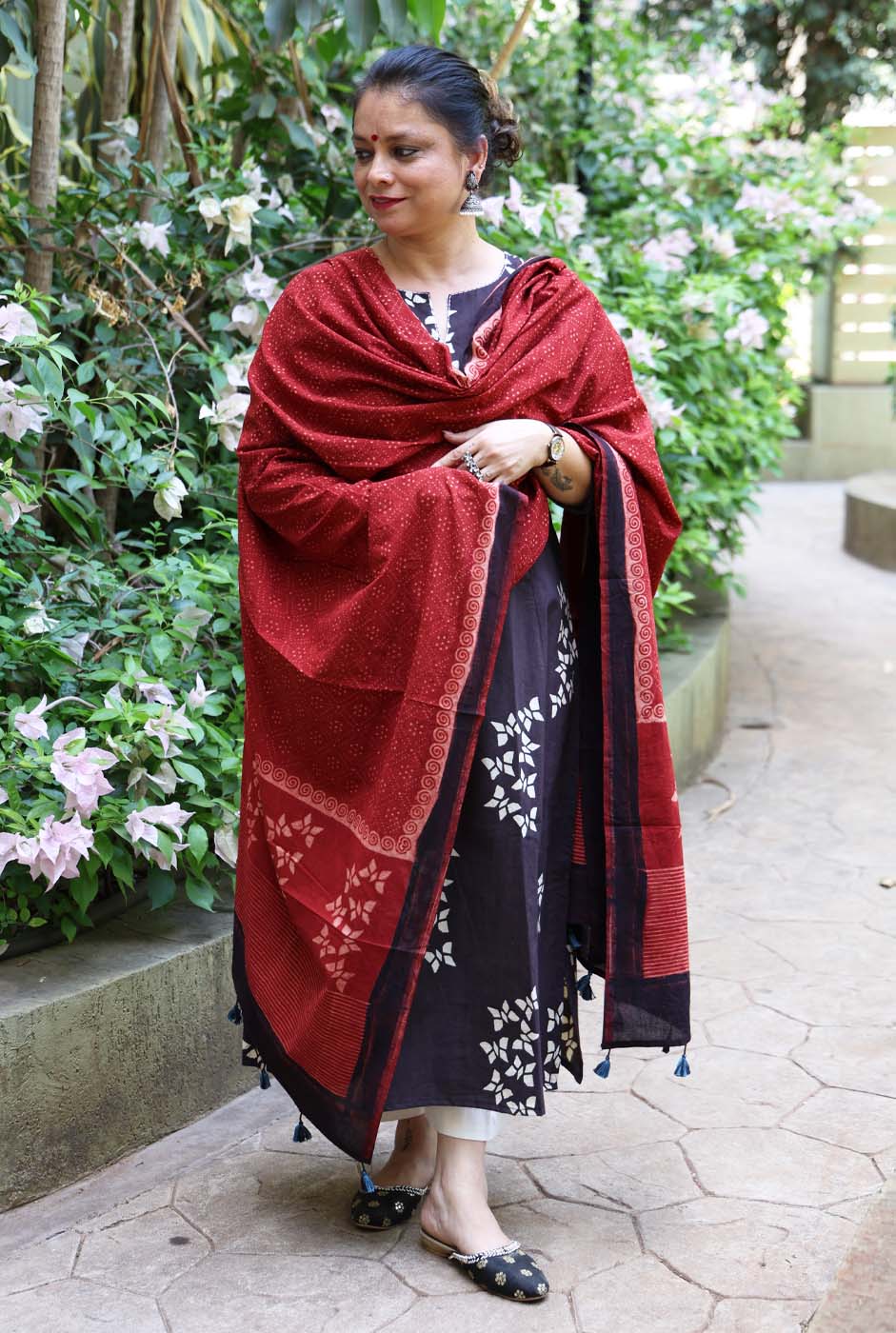 Alahi Black Ajrakh A-Line Kalidar Kurta with Butterfly Block & Hand Kantha Work