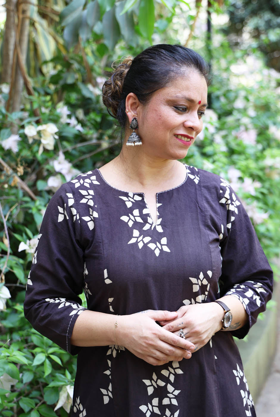 Alahi Black Ajrakh A-Line Kalidar Kurta with Butterfly Block & Hand Kantha Work