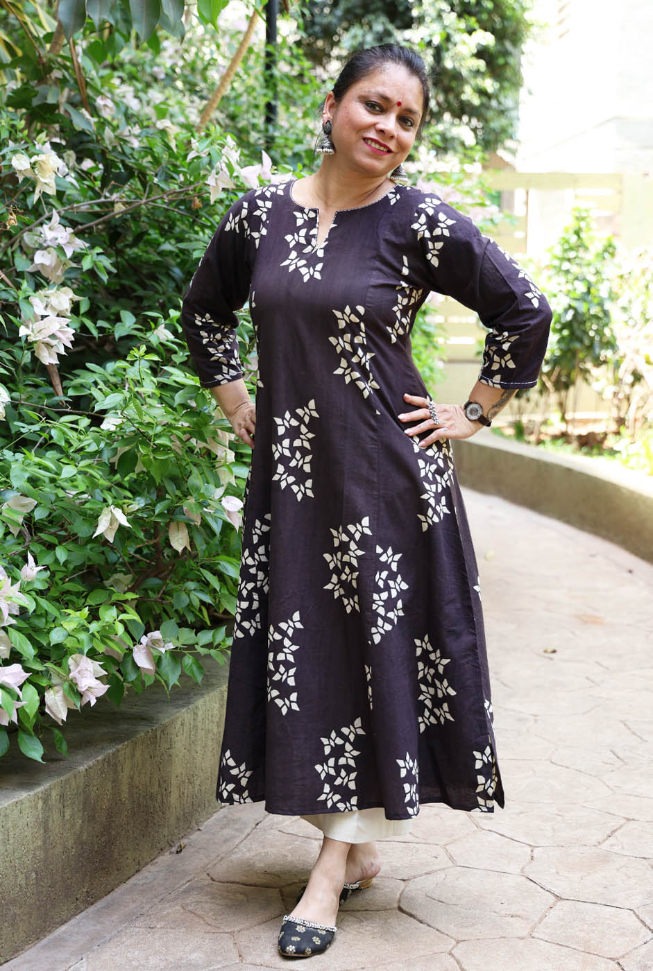 Alahi Black Ajrakh A-Line Kalidar Kurta with Butterfly Block & Hand Kantha Work