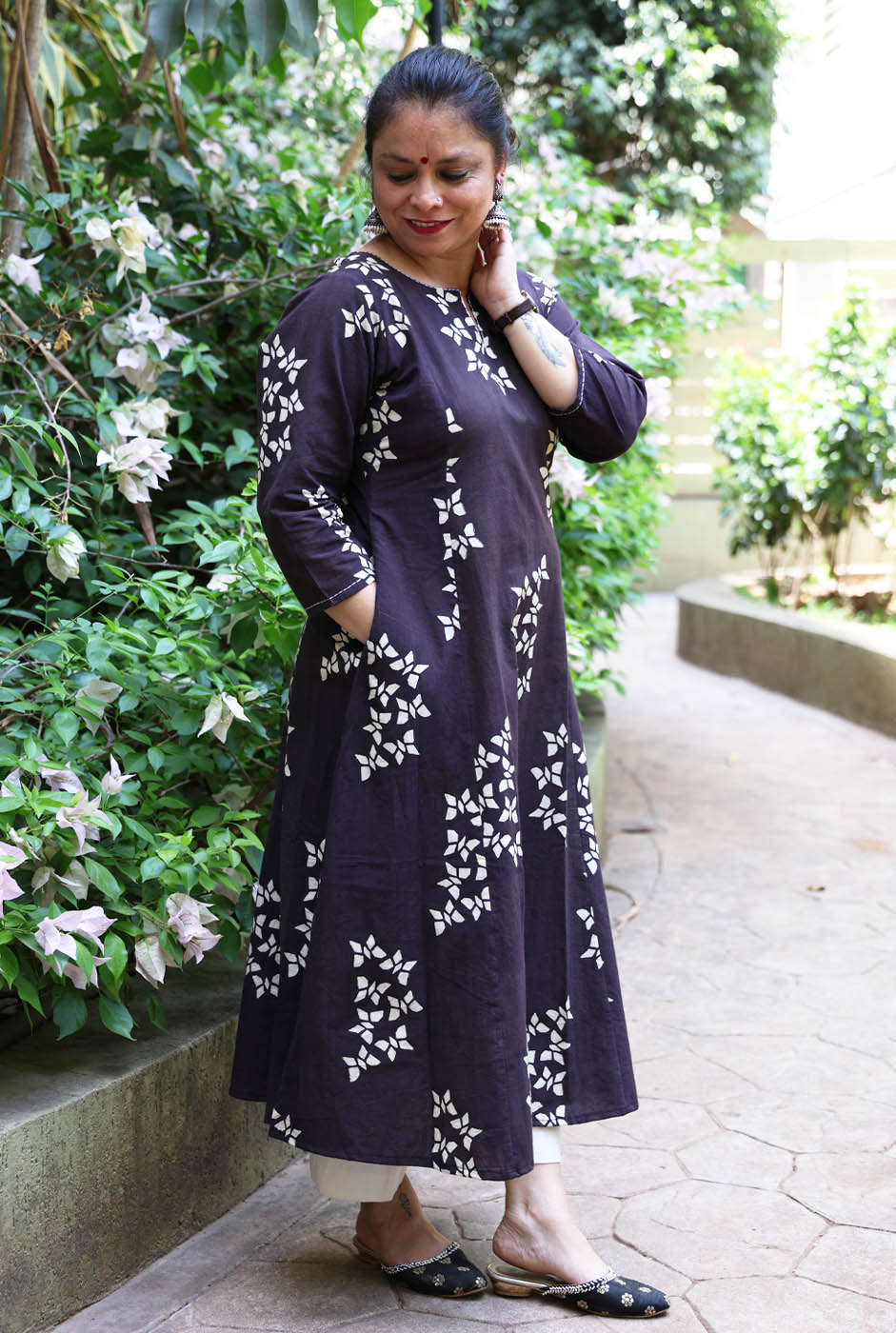 Alahi Black Ajrakh A-Line Kalidar Kurta with Butterfly Block & Hand Kantha Work