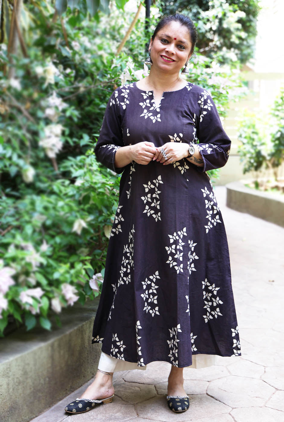 Alahi Black Ajrakh A-Line Kalidar Kurta with Butterfly Block & Hand Kantha Work