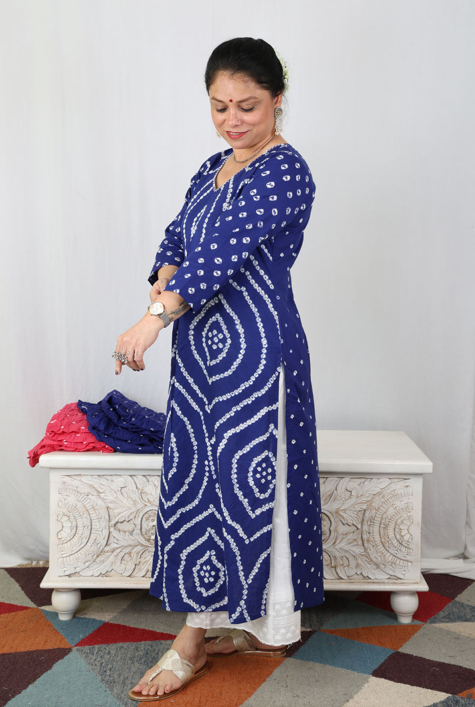 Royal Blue Bandhani Kurta with Handcrafted Neck Detailing