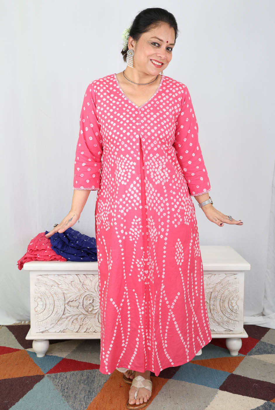 Pink Bandhani Kurta with Handcrafted Neck Detailing