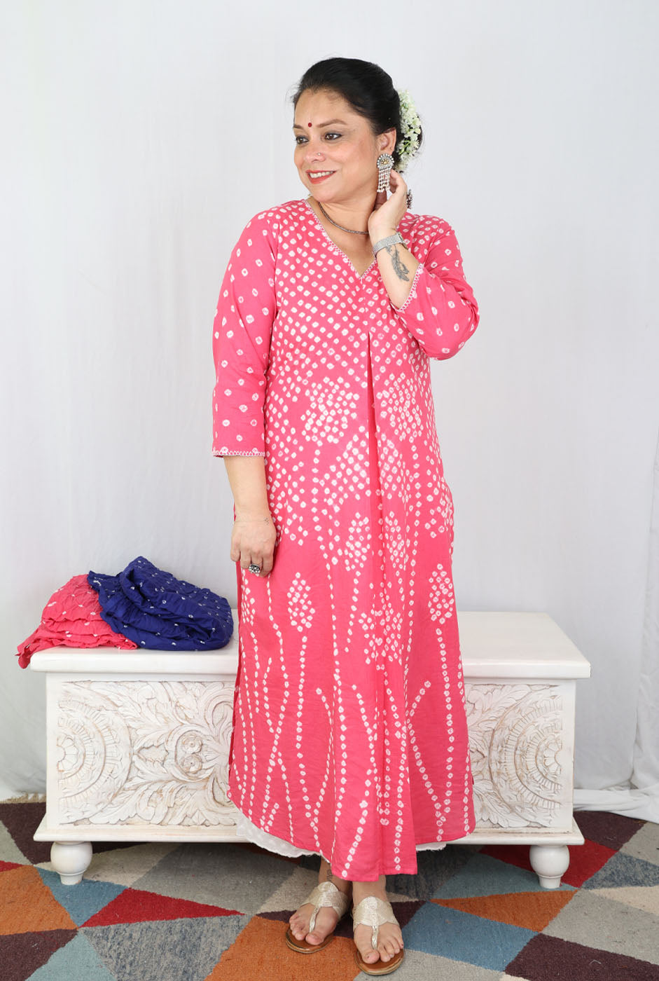 Pink Bandhani Kurta with Handcrafted Neck Detailing