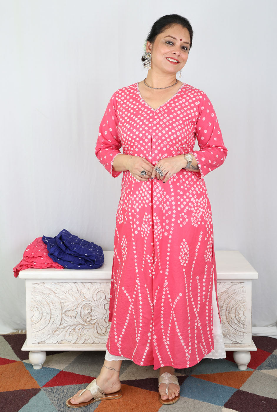 Pink Bandhani Kurta with Handcrafted Neck Detailing