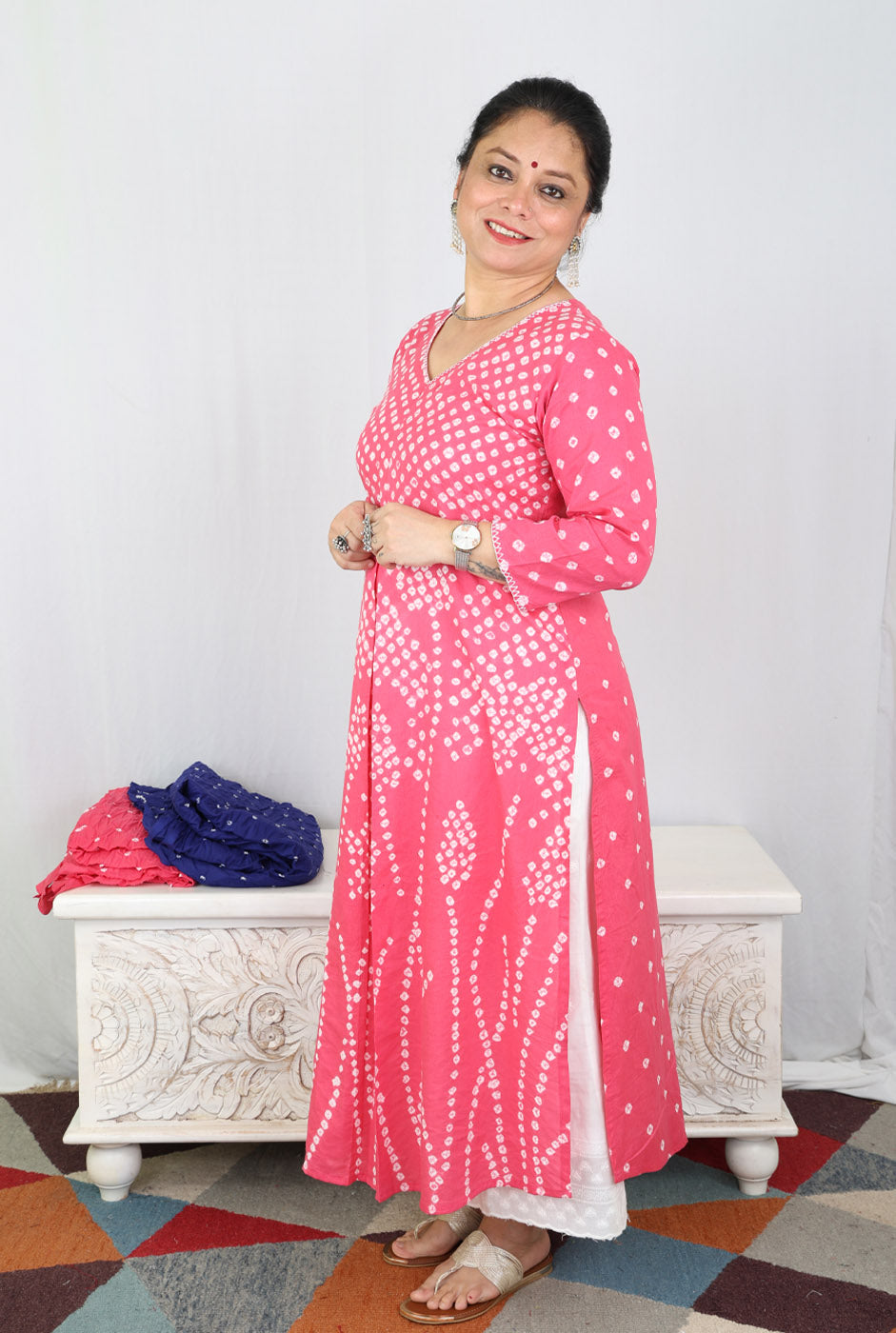 Pink Bandhani Kurta with Handcrafted Neck Detailing