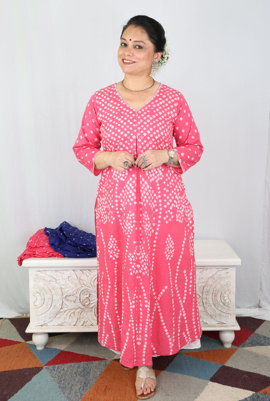 Pink Bandhani Kurta with Handcrafted Neck Detailing