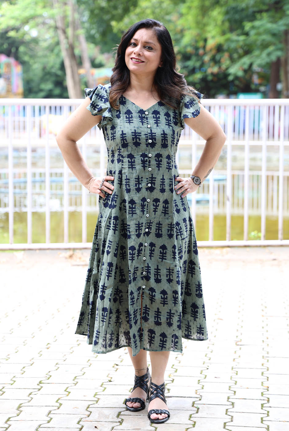 Military Green Dobi Cotton A-Line Dress with Mull Lining