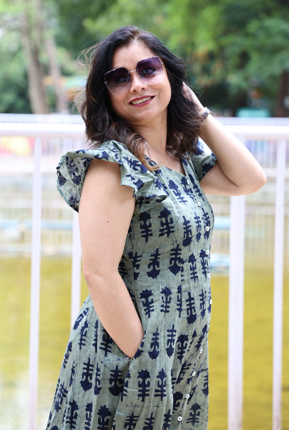 Military Green Dobi Cotton A-Line Dress with Mull Lining