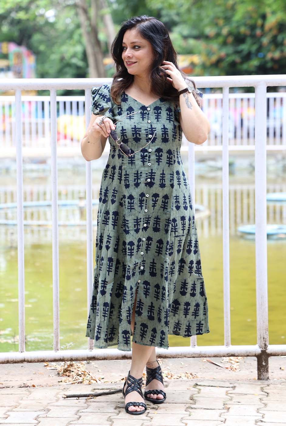 Military Green Dobi Cotton A-Line Dress with Mull Lining